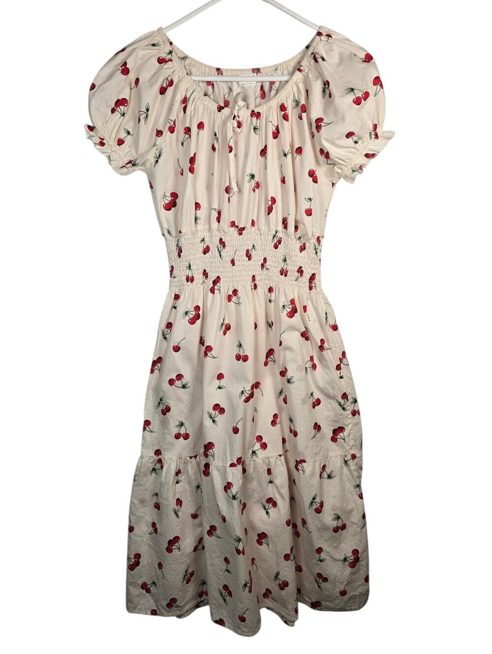 Kindred Women's Cream Cherry Print Puff-Sleeve Smicked Waist Midi Dress Size L